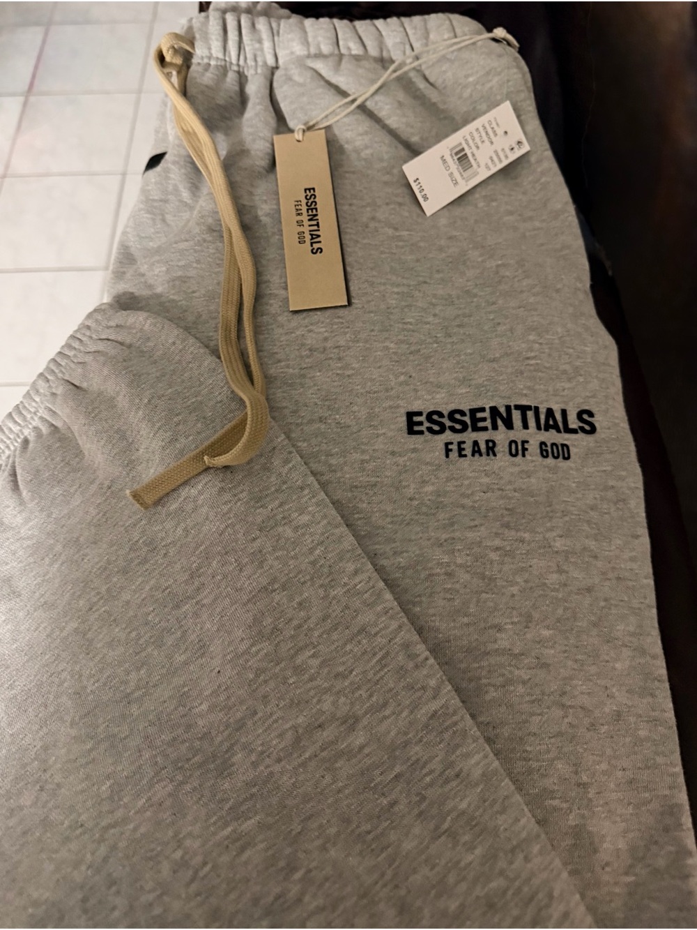 Fear of God ESSENTIALS Light Grey Sweatpants with Beige Drawstrings